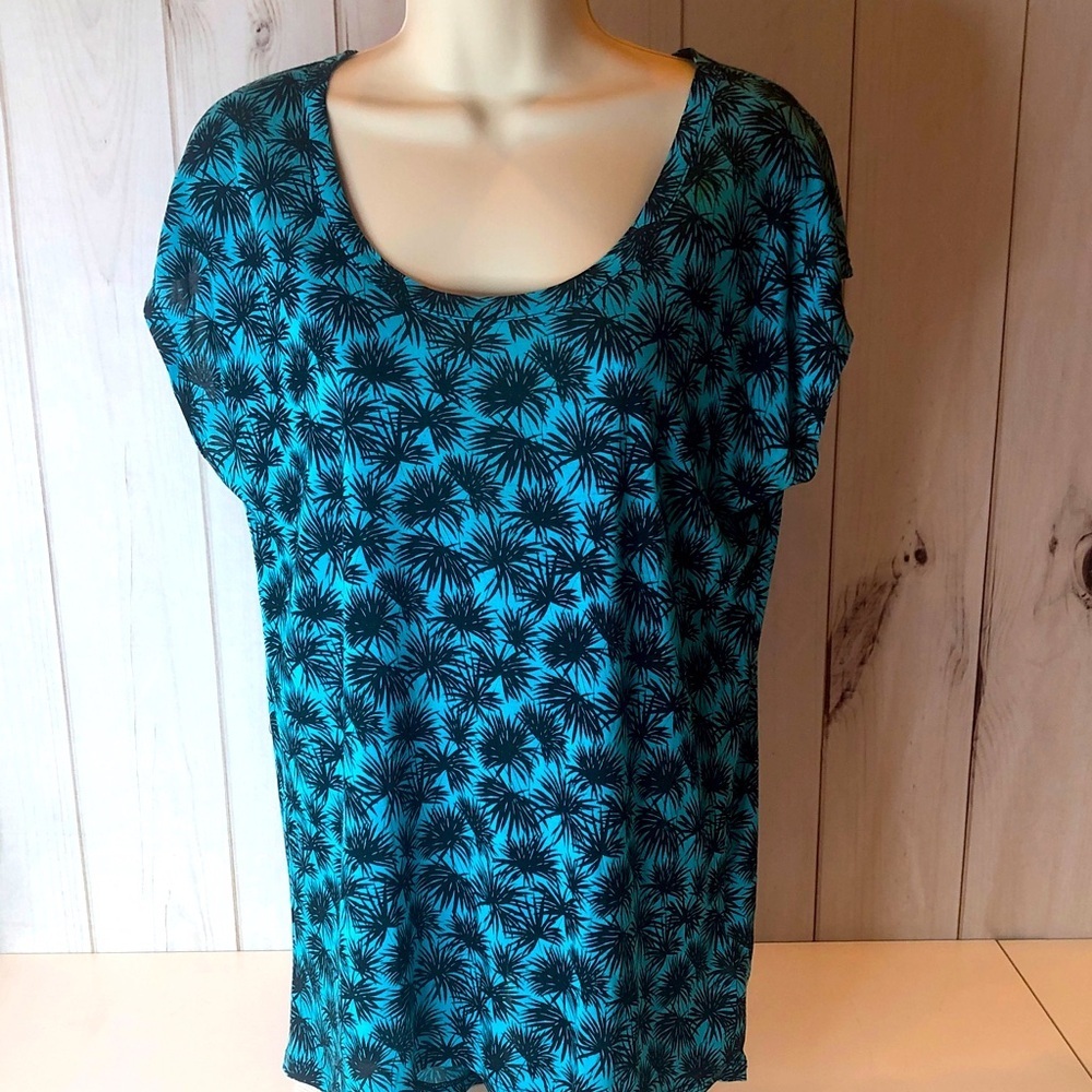 Michael Kors Teal Black Palm Tree Patterned Short Sleeve Top Women’s Small EUC